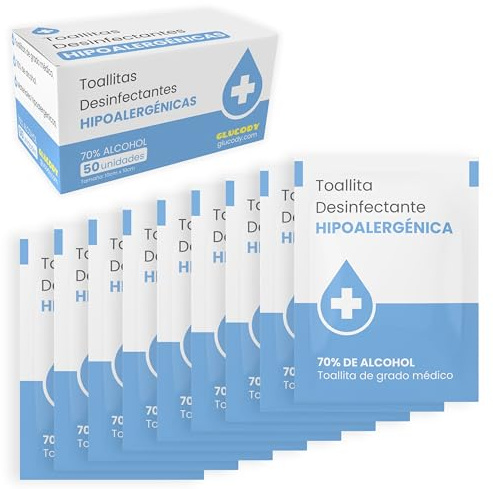 GLUCODY 50pc Toallitas Desinfectantes Con 70% de Alcohol/Toallitas Estériles En Formato Monodosis/Caja Con 50 Toallitas En Formato Monodosis/Alcohol Isopropilico