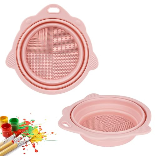 2 Pack Foldable Paint Brush Cleaner Brush Washer, Cleaning Rinse Cup for Acrylic, Watercolor, Oil Painting, Gouache Painting, Makeup Brush Cleaner for Brushes, Powder Puffs, and Sponges (Pink)