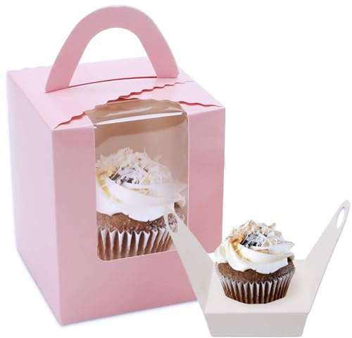 Pubiao 20 Pcs Single Cupcake Boxes 1 Holes with Clear Window Individual Cupcake Carrier with Handle Box For Weddings, Birthday Parties Cookies, Party Favors