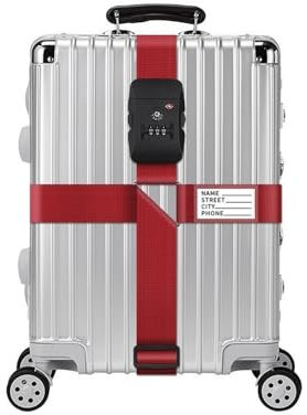 BODOBTF Sangle de bagage de voyage avec serrure à combinaison TSA, carte nominative, sangle réglable pour valise, emballage à l'étranger (rouge)