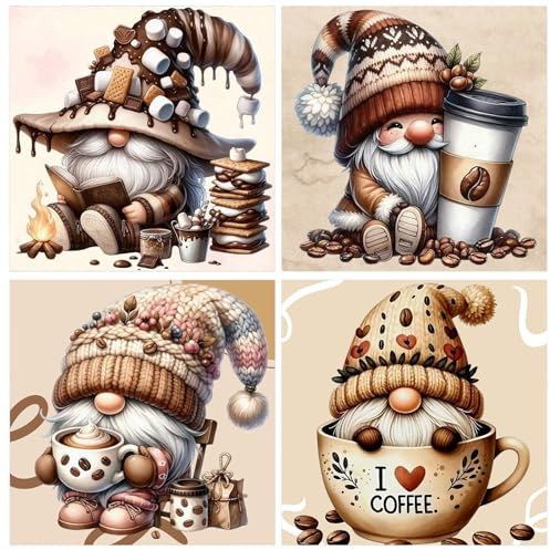 GLIDIAM 4er Set Diamond Painting Wichtel Kaffee, Diamant Malerei Bilder Zwerge Gnome, 30x30cm DIY Full Drill Basteln Erwachsene, Mosaik Stickerei Kreuzstich Geschenk für Wanddeko Wohnzimmer Küche