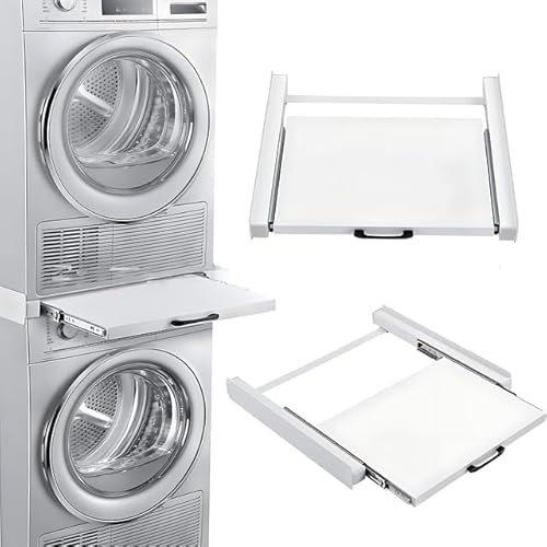 Universaler Zwischenbaurahmen mit Ausziehbarem Boden mit Wäscheleine Stahl (inkl. Zurrgurt) weiß für Waschmaschinen und Trockner Zwischenbaurahmen