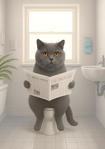 British Shorthair Cat Reading Newspaper on Toilet Art Print, Funny Modern Bathroom Decor. Size A4