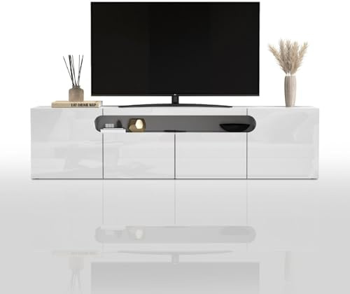 WHOUS Mobile Porta TV REAL per Soggiorno con 4 Ante, Mobile Tv per Salotto in Legno, 240x40x60 cm, Bianco Lucido