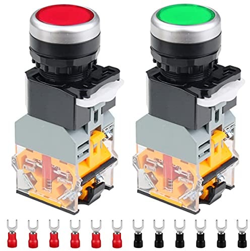 HAAMNING7 2 interruptores pulsadores momentáneos de 24 V y 22 mm, 10 A, 2 colores (rojo/verde), LA38-11DN, 1 NO, 1 NC, LED, para bricolaje, con 12 terminales de horquilla.