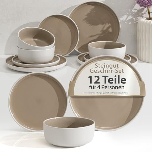 Hausfelder Steingut Geschirrset 4 Personen, 12-teilig, Shadow Stone | Schüsseln und Teller, Tafelservice für 4 Personen, Steingut, Farbe Shadow Stone