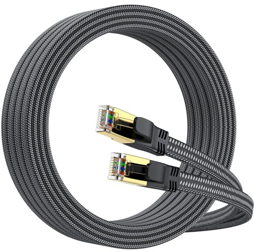 CAT8 Ethernet Cable 10M, 40Gbps 2000MHz Flat High Speed Network Cable, Nylon Braided Shielded, Internet Cable Braided Network Cord RJ45 Indoor LAN Cables Compatible with PS5/Xbox/Router/PC (10M)