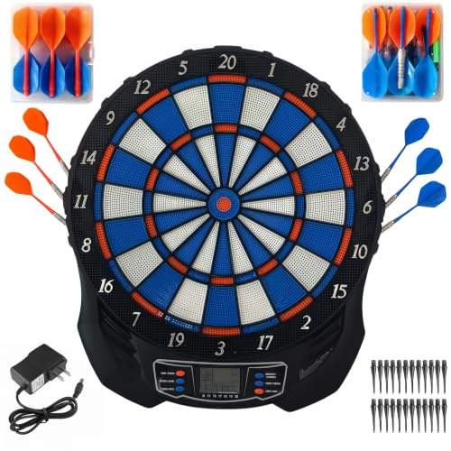 Elektronische Dartscheibe mit 2 Stromversorgungsmodi Dartboard mit 12 Darts,24 Ersatzspitze Dartscheibe Elektronisch mit 25 Spiele LED-Anzeigen,157 Variationen für 8 Spieler