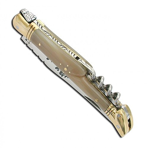 Couteau Laguiole manche en corne blonde avec tire-bouchon et mitres en laiton - Taille fermée - 11 cm