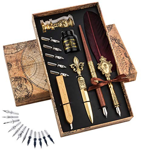 Hethrone Feather Pen and Ink Set - Quill Pens Calligraphy Pen Set Fountain Dip Pen
