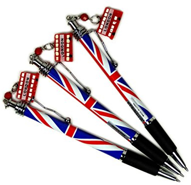 Penne a sfera con ciondolo bus rosso, motivo a Union Jack e clip in argento, souvenir da collezione di Londra, confezione da 3 penne