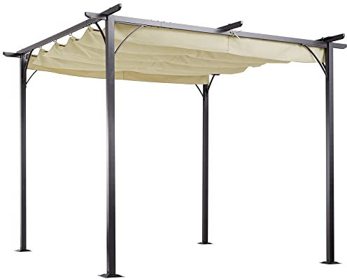 Outsunny Pergola rétractable 3L x 3l x 2,30H m Structure métal époxy anticorrosion Noire + Toile Polyester Haute densité 180 g/m² Incluse Beige