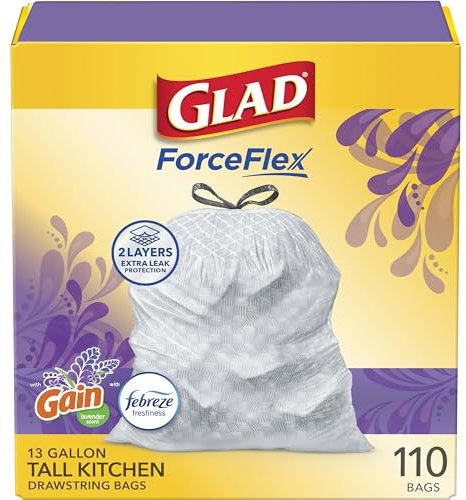 Glad ForceFlex Lot de 110 sacs poubelle blancs avec cordon de serrage Parfum lavande méditerranéenne Fraîcheur Febreze 40 l