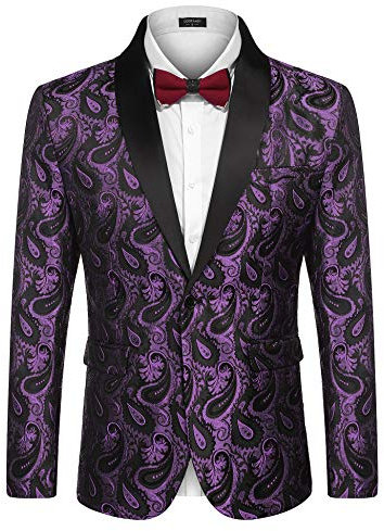 Coofandy Giacca da Smoking da Uomo, Motivo Floreale, Scialle con Risvolto, Giacca Blazer per Cena, Ballo di fine Anno, Matrimonio, Viola, L