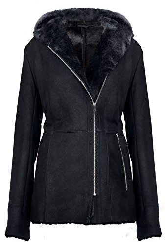 Infinity Leather Manteau en Peau de Mouton Mérinos Noir Elégant à Capuche en Daim Noir pour Femmes 4XL