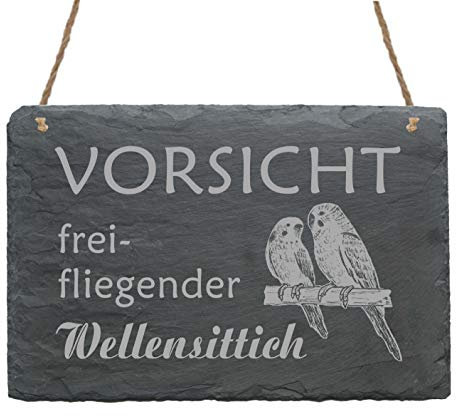 Schiefertafel Vorsicht - FREIFLIEGENDER WELLENSITTICH - 22 x 16 cm