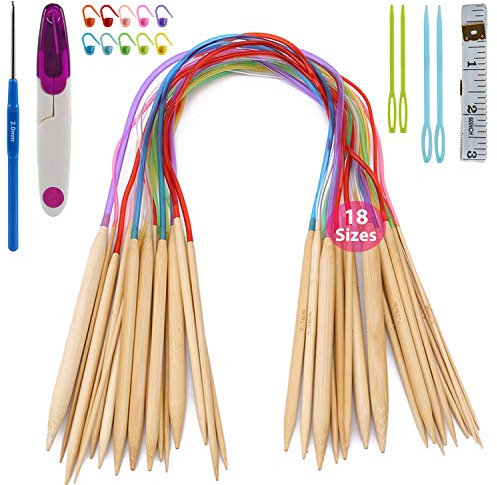 Stricknadeln Bambus Set, ARPDJK 18 Paare 2mm - 10mm Rundstricknadel Doppelspitzige Stricknadeln mit Stichmarkierungen, Maßband, Schere, Häkeln, Nadel, für Anfänger und Profis
