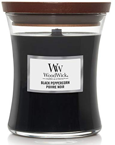 WoodWick mittelgroße Duftkerze im Sanduhrglas mit knisterndem Docht | Black Peppercorn | Brenndauer bis zu 60 Stunden, Medium