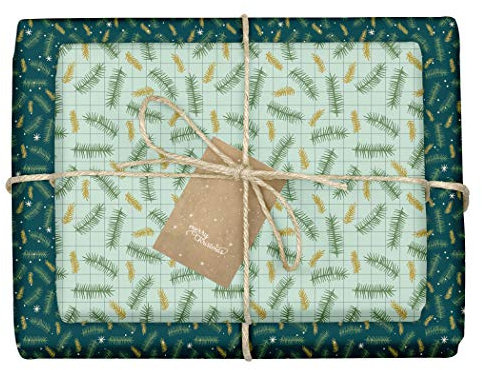 dabelino® Geschenkpapier Weihnachten/Winter für Erwachsene Tannenzweige/Kariert: 4x Bögen + 4x Anhänger Set (modern, edel, nachhaltig, öko, zweifarbig, Weihnachtsgeschenkpapier)