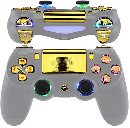 eXtremeRate Kit de Botones LED Multicolor para ps4 Mando CUH-ZCT2 - DIY Mod DTFS 2.0 con D-Pad, L1R1 R2L2 Gatillos, Joysticks, ABXY, Home Teclas con Símbolos para ps4 (Sin Control) - Dorado Cromo