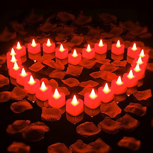 1000 Stücke Künstliche Gefälschte Rosenblätter und 24 Herzförmige Flammenlose LED Teelicht Kerzen Romantische Liebe LED Kerzen Künstliche Blütenblätter zum Valentinstag Hochzeit (Rot)