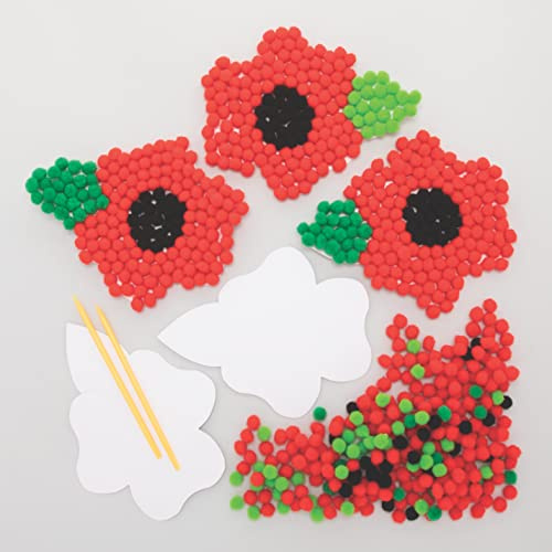 Baker Ross FE782 Mohnblumen Pom Pom Bastelset - 5er Pack, Selbstklebende Karte mit farbigen PomPoms zum Basteln für Kinder, Herbst Bastelaktivitäten