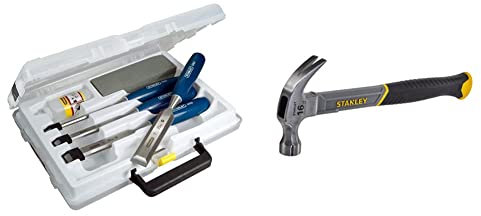STANLEY 4 Piece Chisel Set Includes 6 12 18 25 mm High Carbon Steel Blade Chisels with Sharpening Stone and Oil 0-16-130 & STANLEY STHT0-51309 16oz Fiberglass Curved Claw Hammer, 450g