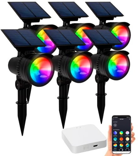 Lunartec LED Solar Erdspieß: 6er-Set RGB-CCT-LED-Spots mit Gateway, 50 lm, 1 W, IP44 (Solarstrahler mit Bluetooth, LED Solar Gartenspot, Gartenleuchte Standleuchte)