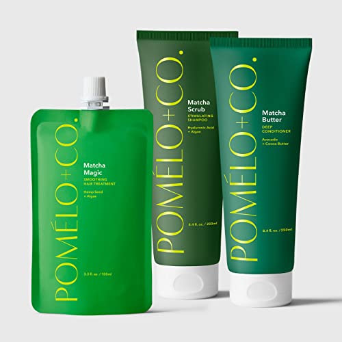 Pomélo+Co. Matcha Trio: Haarmaske, Shampoo + Conditioner – reichhaltige Pflege mit der Kraft des Grüntees– veganes* Haarpflege-Set mit Peeling-Effekt für alle Haartypen