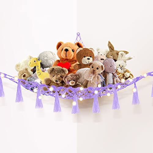 Teddy Macrame Boho Hammock for Stuffed Animals - Bear Storage Net With Light Plush Toy Corner Hanging Holder for Kids Room (Purple)