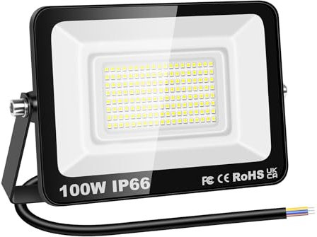 RIGIDON 1x 100W Luci da Esterno, 10000 Lumens Faretto Led, Fari di Sicurezza, Proiettore Led Esterno, Faretti LED Lampada Luce Bianca Freddo 6000K, IP66 Per Giardino Cortile Garage Piazza Officina