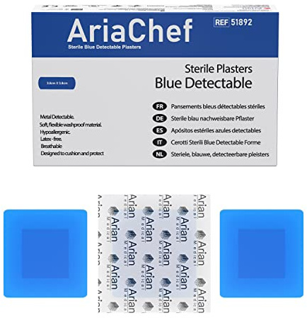 Chef Plasters Sterile Blue Waterproof 3.8cm X 3.8cm Pack of 100, for Catering and First Aid - Strong Adhesion Detectable Plasters - Protects Cuts from Dirt - Ideal for Kitchen