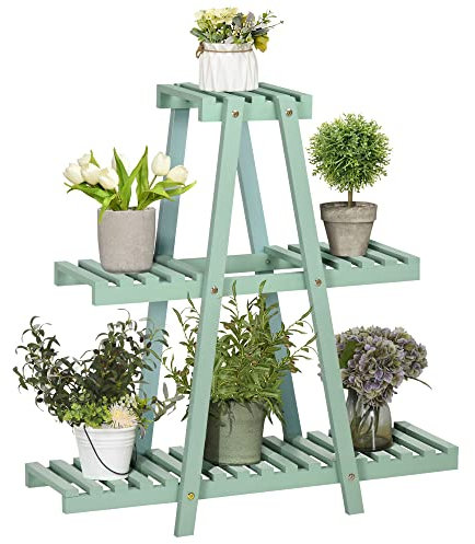 Outsunny 3-Etagen Pflanzenständer, 76cm hoch Blumenständer für Innen Außen, Pflanzenregal aus Holz, mehrstöckig Blumenregal Blumentopfständer für Wohnzimmer, Garten Balkon Deko, Hellgrün