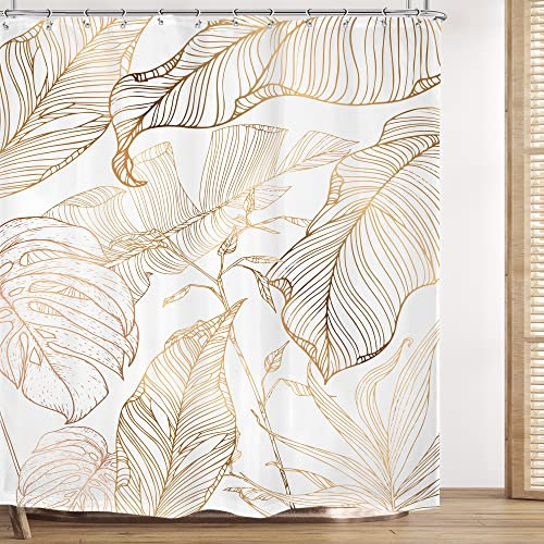 Omifly White Gold Tropical Leaves Shower Curtain 72Wx72H Inch Banana Leaf Palm Tree Bathroom Set Abstract Copper Botanical Nature with 12 Plastic Hooks Fabric Waterproof Toilet Accessories Decor