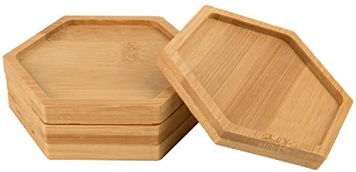 Cosmos 4 Stück Bambus-Pflanzenuntersetzer Sukkulentententopfhalter Drainageschale mit erhöhtem Rand für 8,9 cm kleine Blumentöpfe (sechseckig)
