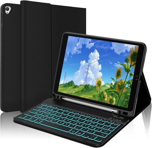 AVNICUD Étui Clavier pour iPad 10.2 iPad 9ème/8ème/7ème Génération - iPad Air 3, iPad Pro 10.5, Coque Clavier 7 rétroéclairages AZERTY Français Bluetooth Amovible avec Fente pour Stylo, Noir