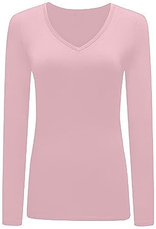 Womans T Shirt New Ladies Tops Long Sleeve V Neck Basic Casual Tshirts UK Plus Size 8-26 Baby Pink