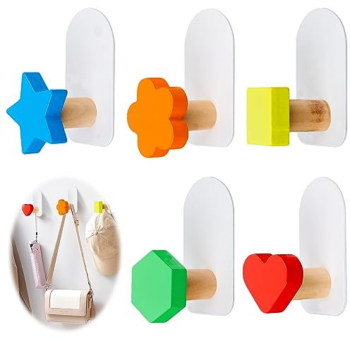 Encuryna 5 ganci per asciugamani, ganci da parete autoadesivi, in metallo e legno, colorati, senza foratura, ampia applicazione, max 2 kg, bagno, cucina, armadio, ingresso