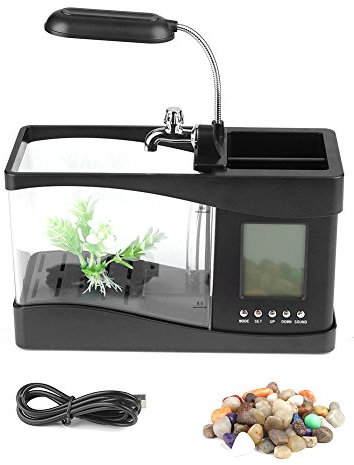 TICFOX Mini-Aquarium,Multifunktionales,über USB Wiederaufladbares Mini-Aquarium Mit Uhrfunktion,LED-Licht(Schwarz)