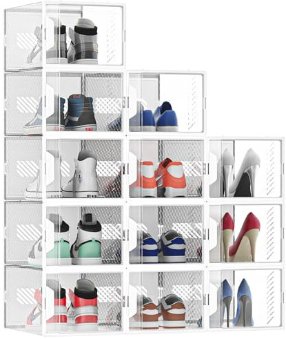 MYHMCT 12 Pack Shoe Storage Box, Clear Plastic Stackable Shoe Boxes with Magnetic Door, Aromatherapy Stick, Shoe Organizer for Closet, Fit up to UK Size 9.5 (33 x 23x 14.5 cm)