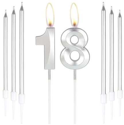 mciskin Silver 18 Birthday Candles-3D Number 18 Candle for Cake with 6pcs Long/Thin Candles Set,Silver Cake Topper for Girl Boy 18th Birthday Decorations Supplies,18th Wedding Anniversary Decorations