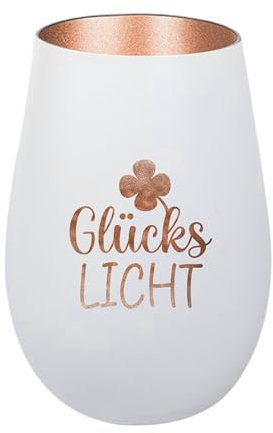 Der-Porzellan-Laden Windlicht mit Gravur GlücksLicht, Weiß Bronze, Teelichthalter aus Glas mit Spruch, Tischdeko modern