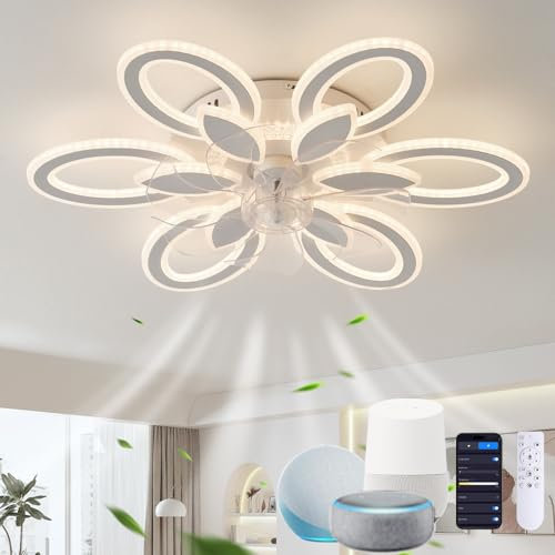 GWYAJTU LED Ceiling Fans with Lamps Silent Reversible 6 Speed Fan Light Ceiling, Dimmable Timer Ceiling Fans with Lights Compatible Google Assistant/Alexa for Bedroom Living Room, White