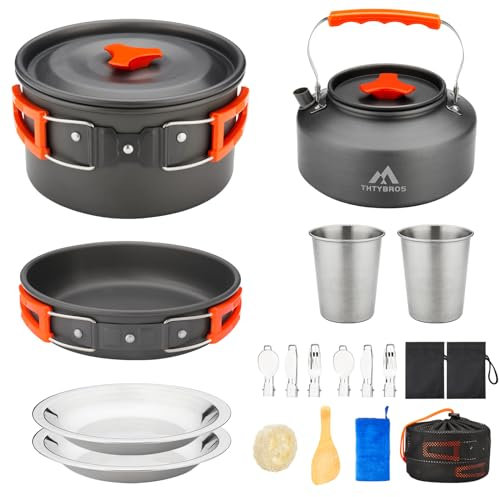 THTYBROS 17-Piece Camping Cookware Set, Hard Anodised Aluminium Pot Pan Kettle with 2 Stainless Steel Cups Plates Cutlery for Outdoor Hiking Backpacking Picnic