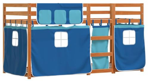 vidaXL Etagenbett, Kinderbett mit Vorhängen Leiter, Hochbett Spielbett für Kinder ab 6 Jahren, Doppel Stockbett Bett, Blau 90x190cm Massivholz Kiefer