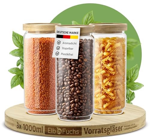ElbFuchs® Bocaux en verre hermétiques 3x 1000 ml | Sans BPA & anti-mites – Pots de conservation en verre borosilicate avec couvercle en bois | Farine, café, sucre & pâtes