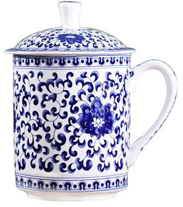 AXIKALB Café Tasse Couvercle Céramique Bleu Blanc Créatif Home Office Business Gift