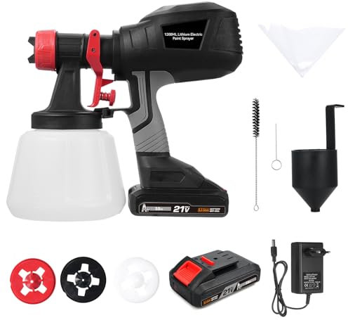Pistola de Pintura, Mulcort Pulverizador de Pintura Eléctrico con 2 Baterías de 21 V 2,0 Ah, Máquina Pulverizadora con 4 Boquillas, 3 Patrones de Pulverización y Recipiente de 1200 ml
