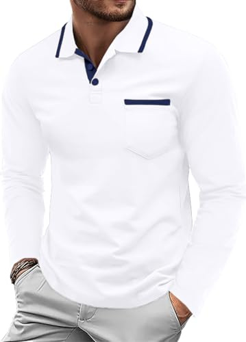 QIXING Long Sleeve Polo Shirts Mens Casual Smart Cotton Collared Golf Tops Polo Shirt with Pocket(White, XL)