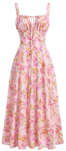 ABEHIK Robe Elégante Florale pour Femme - Dos Nu à Haute avec Dentelle A-Line Bretelles Spaghetti d'Eté Boho Fendue pour Photographie Vacance